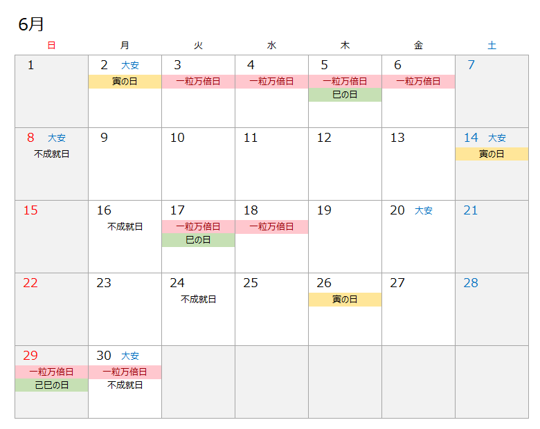 2025年6月開運カレンダー
