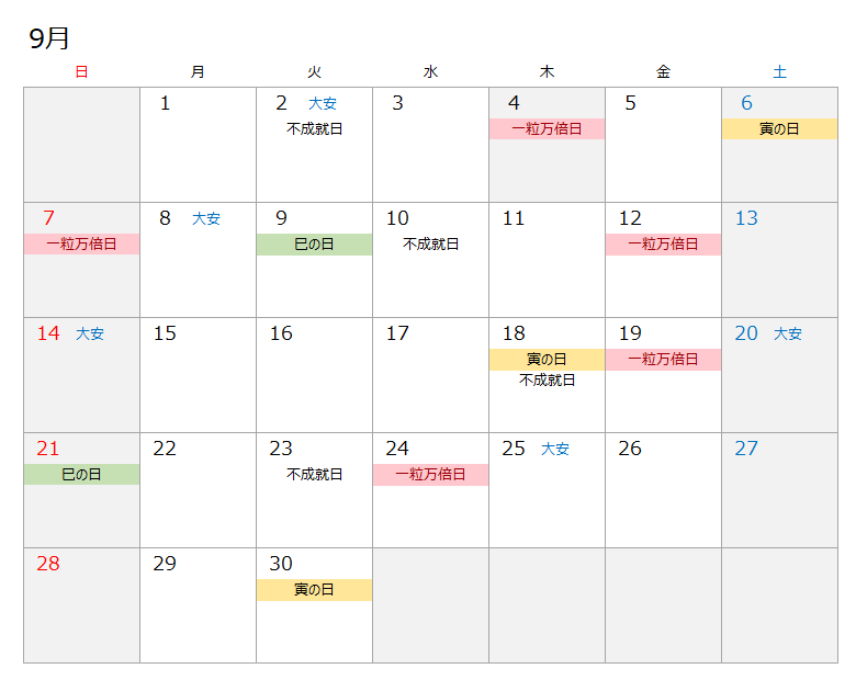 2025年9月開運カレンダー